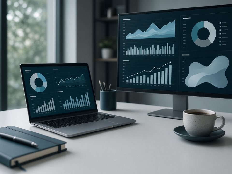 Illustrative image: an analyst desk with abstract charts on screen